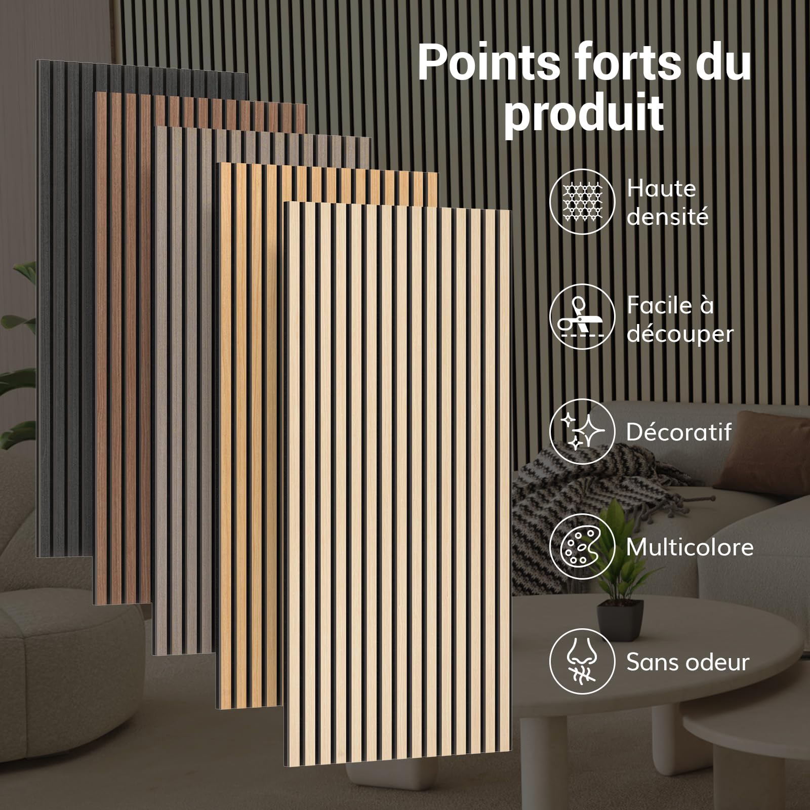 TONOR Panele akustyczne drewniane, 4 sztuki 120x60 cm - 2,88m² Panele ścienne drewniane jako płyty dźwiękochłonne, okładzina ścienna w drewnianym stylu do dekoracji ścian salonu, biura, kuchni, teak