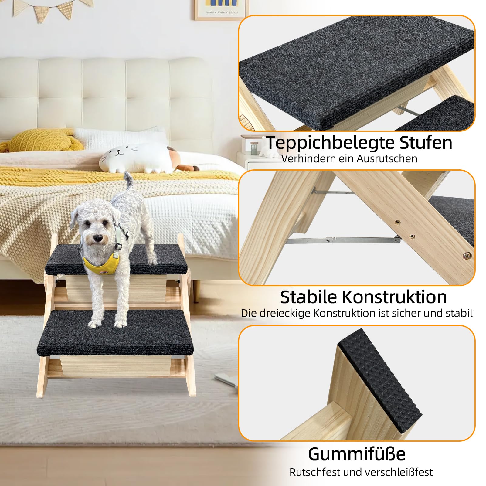 Hundetreppe für Kleine Hunde, 2-in-1 Faltbare Hundetreppe/Rampe aus Holz für Betten, Sofas und Autos, Haustiertreppe und Rampe 33cm Hoch, leicht zu bewegen katzentreppe, bis zu 80 KG
