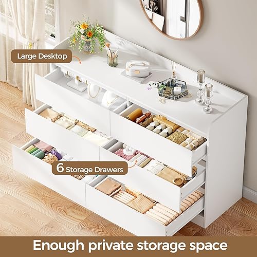 Miniatura 3 de BEWISHOME Cómoda blanca para dormitorio, cómoda de 6 cajones, cómoda de madera para armario, cómoda ancha y moderna con valla para sala de estar,