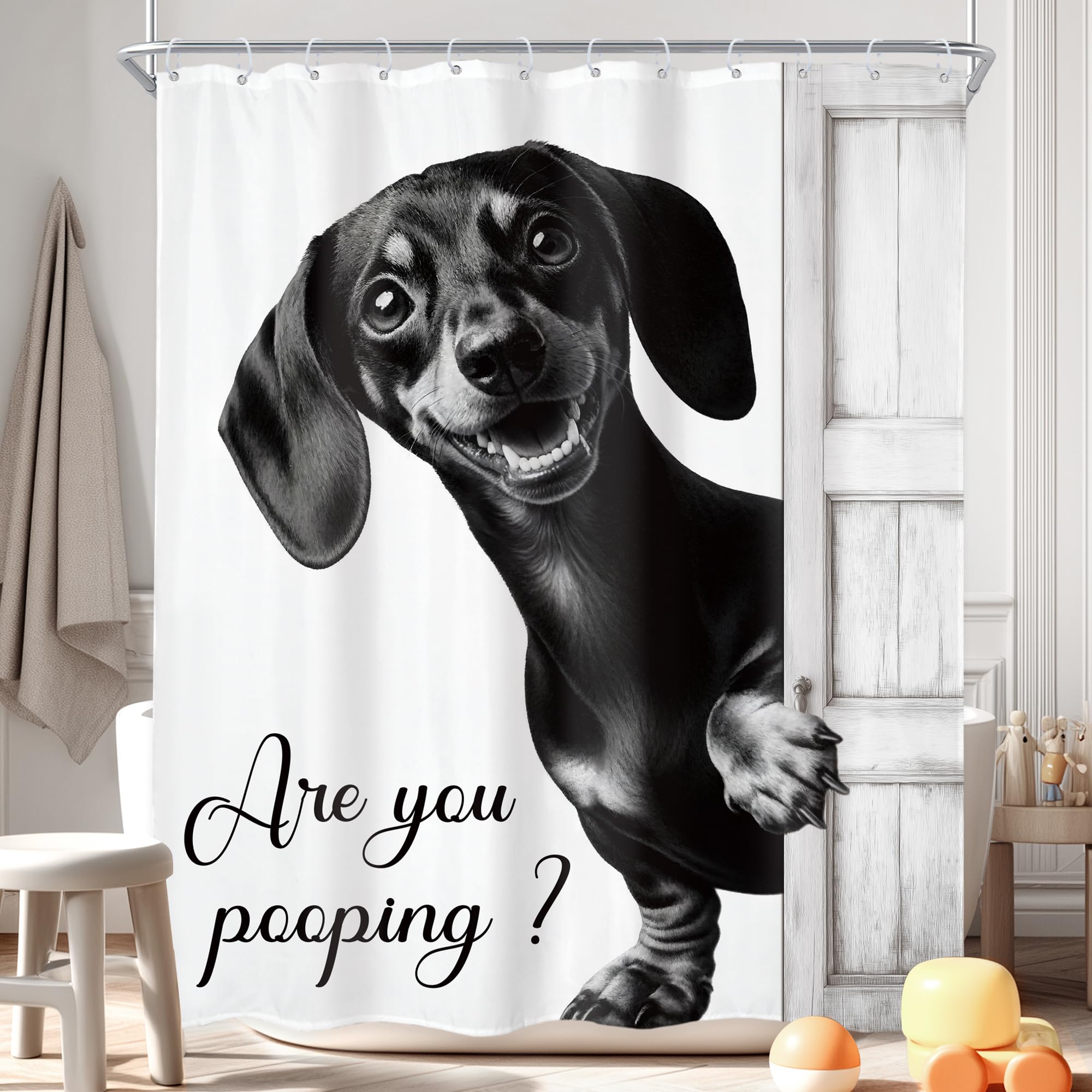 Newsely Funny Dachshund Dog Shower Curtain 60Wx72L Inch Black and White Rustic Cute Puppy Wooden Humorous Bathroom Set Farmhouse are You Pooping Waterproof Bath Decoration Accessories Home Decor