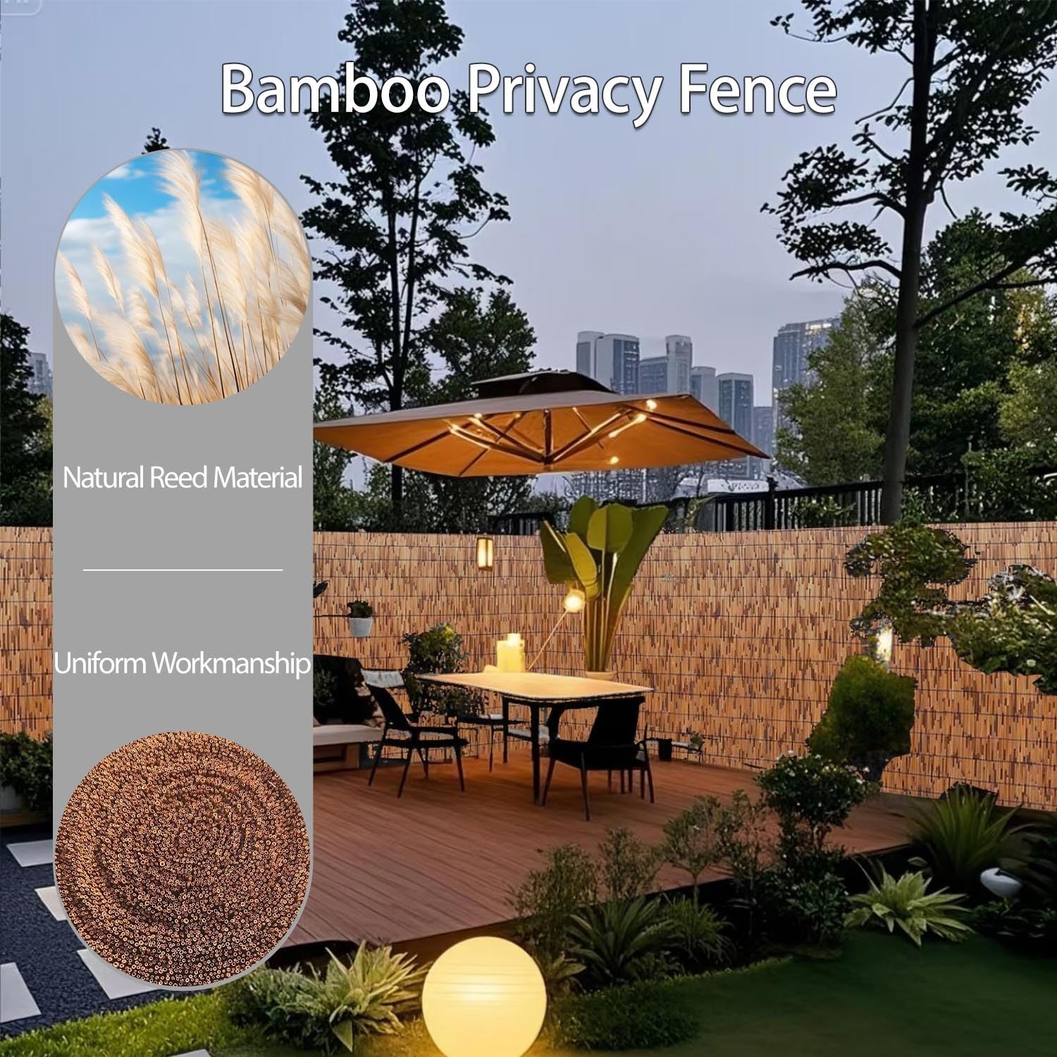 Wodoodporny bambus - solidna mata na patio - odporna na promieniowanie UV, łatwa do cięcia, zawiera 100 opasek na zamek błyskawiczny (brązowa, 90 x 210 cm)