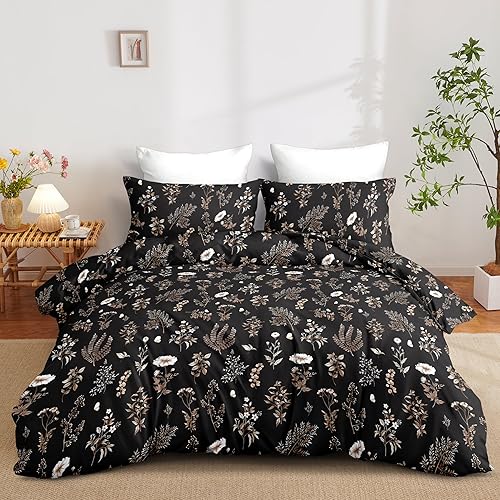 Nayoroom Funda de edredón floral negra tamaño Queen Cottagecore funda de edredón de flores botánicas de 3 piezas, suave y ligera, juego de ropa de