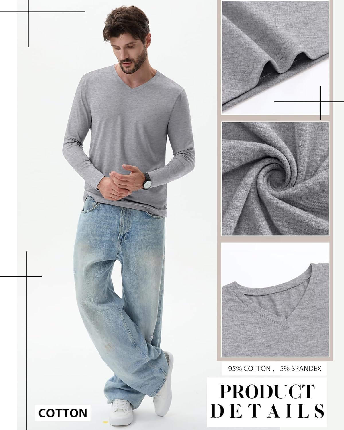 5 Pack Men's Big and Tall Shirts Cotton V Neck L-7xl Long Sleeve Loose Tops Winter Casual Basic Tee Multipack - Image 4
