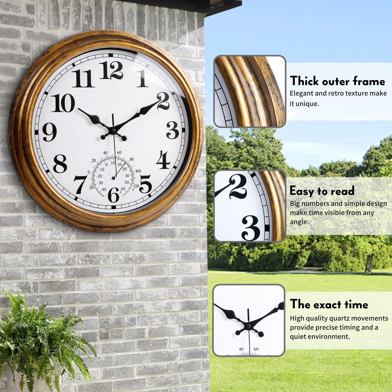 40 cm duży zegar zewnętrzny retro wodoodporny zegar nietykający wewnątrz/na zewnątrz zegar ścienny z termometrem, zasilany bateryjnie, do basenu, patio, ogrodu, brązowy