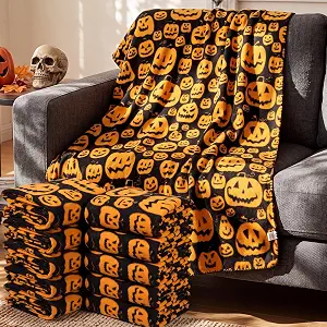 Preboun 24 Pcs 50 x 60 Inch Fleece Throw Blanket Bulk - Warm Printed Throw Blankets for Couch, Winter Travel, Wedding Decorations, Gifts (Pumpkin)