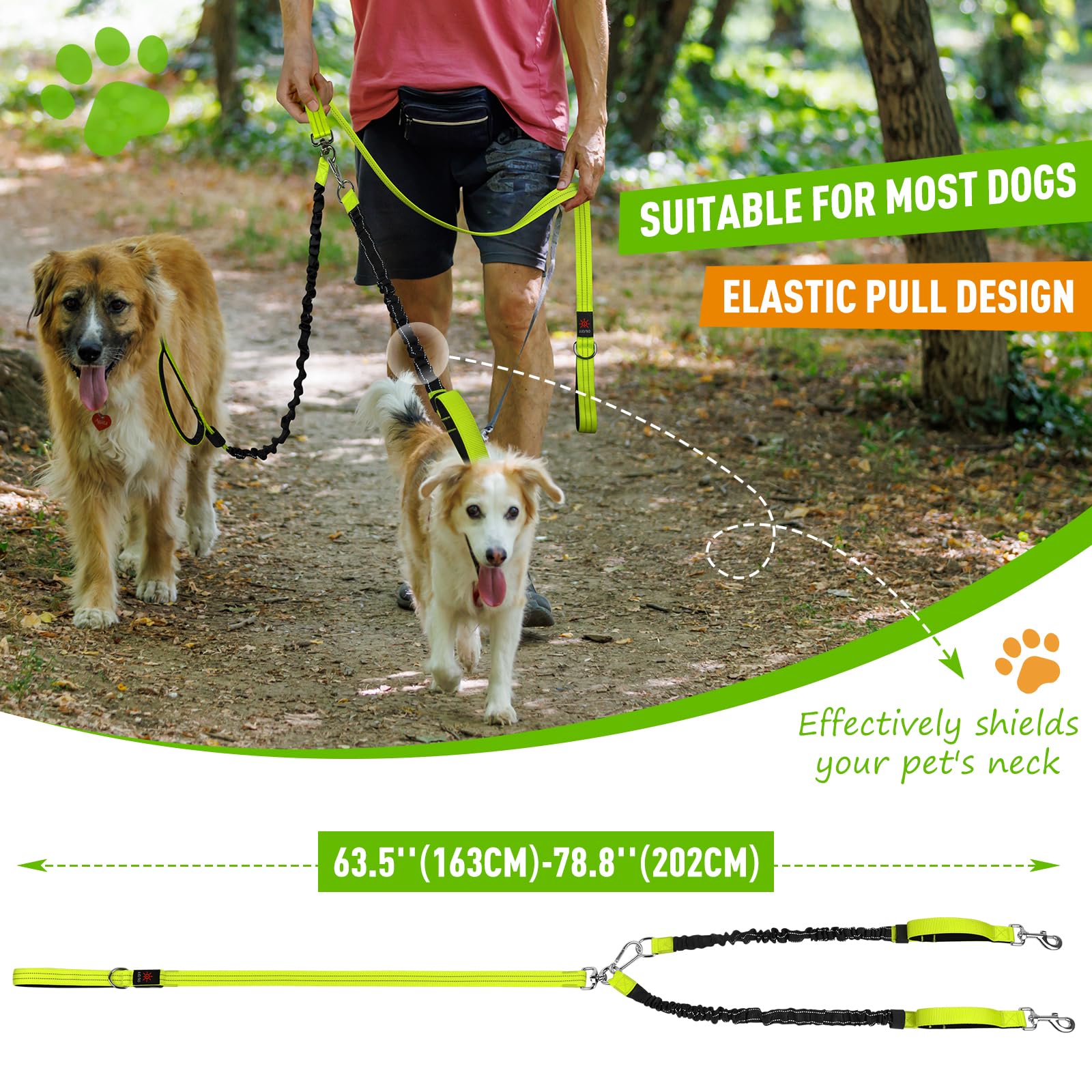 Correa doble LED para perro, correa giratoria de 360° para pasear perros, cómoda correa absorbente de golpes para perro, elástico extraíble reflectante para dos perros
