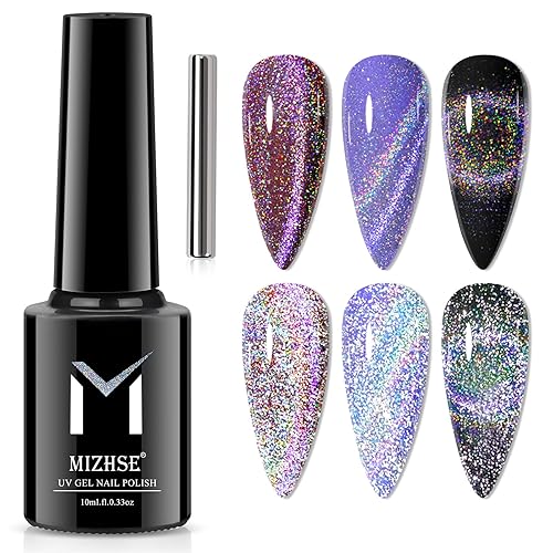 MIZHSE Esmalte de uñas de gel reflectante universal de ojo de gato arcoíris, 1 botella, colorido holográfico magnético 9D, juego de manicura de ojo