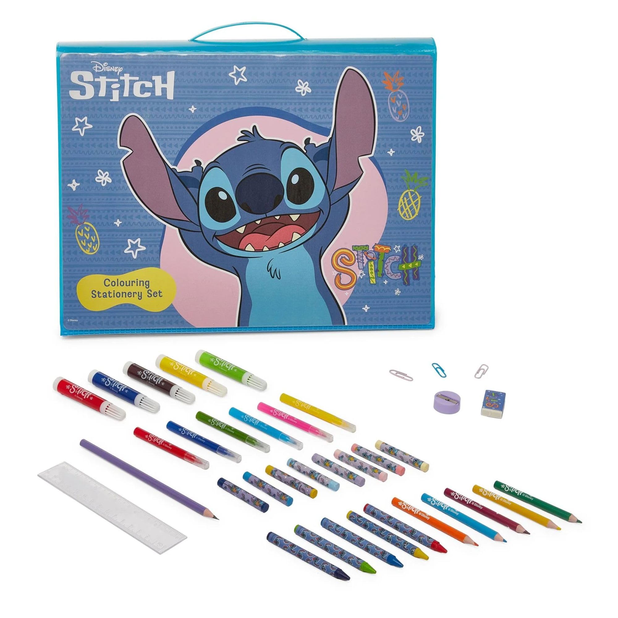Disney Stitch 162 Pcs Pop Up Artist Easel Kids Art Set - White Board & Chalkboard with Markers, Felt Pens, Colouring Pencils, Paint Cakes, Crayons, Oil Pastels, Chalks & Painting Set Accessories