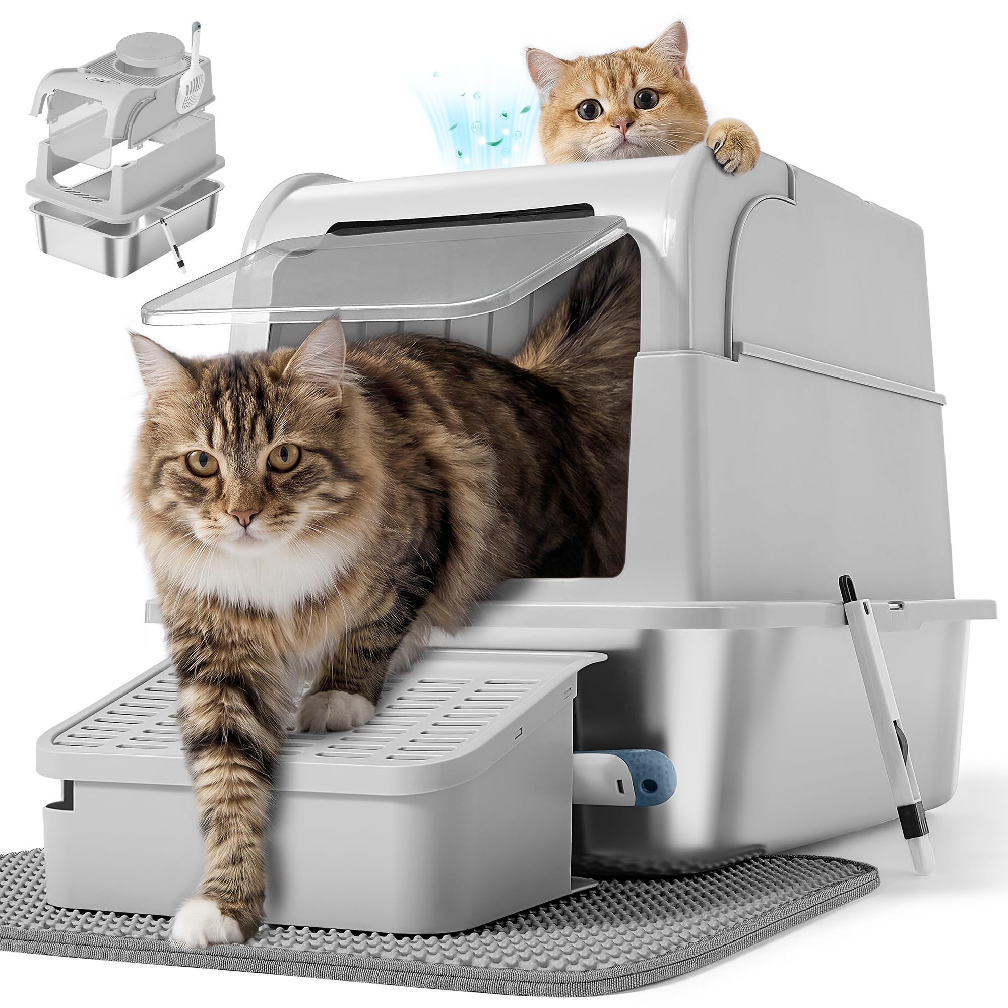 Feandrea Stainless Steel Cat Litter Box with Flip Lid, Enclosed Cat Litter Tray with 2 Entrances, Scoop, Brush, for Cats up to 15 kg, Light Grey PPT021G101