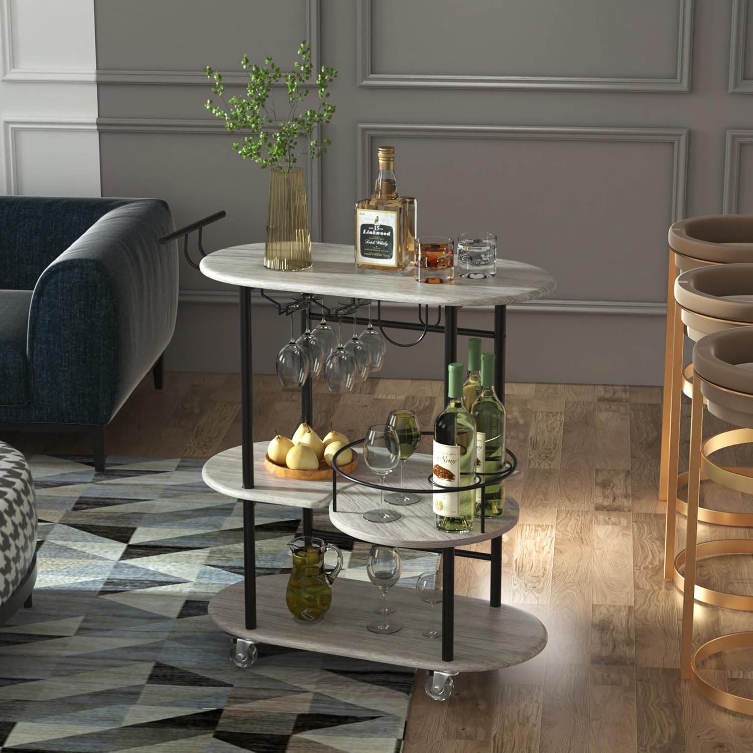 light gray bar carts with 4-tier storage shelves, mobile bar serving cart with wine rack and glass holder, for the home, kitchen, living room, dining room