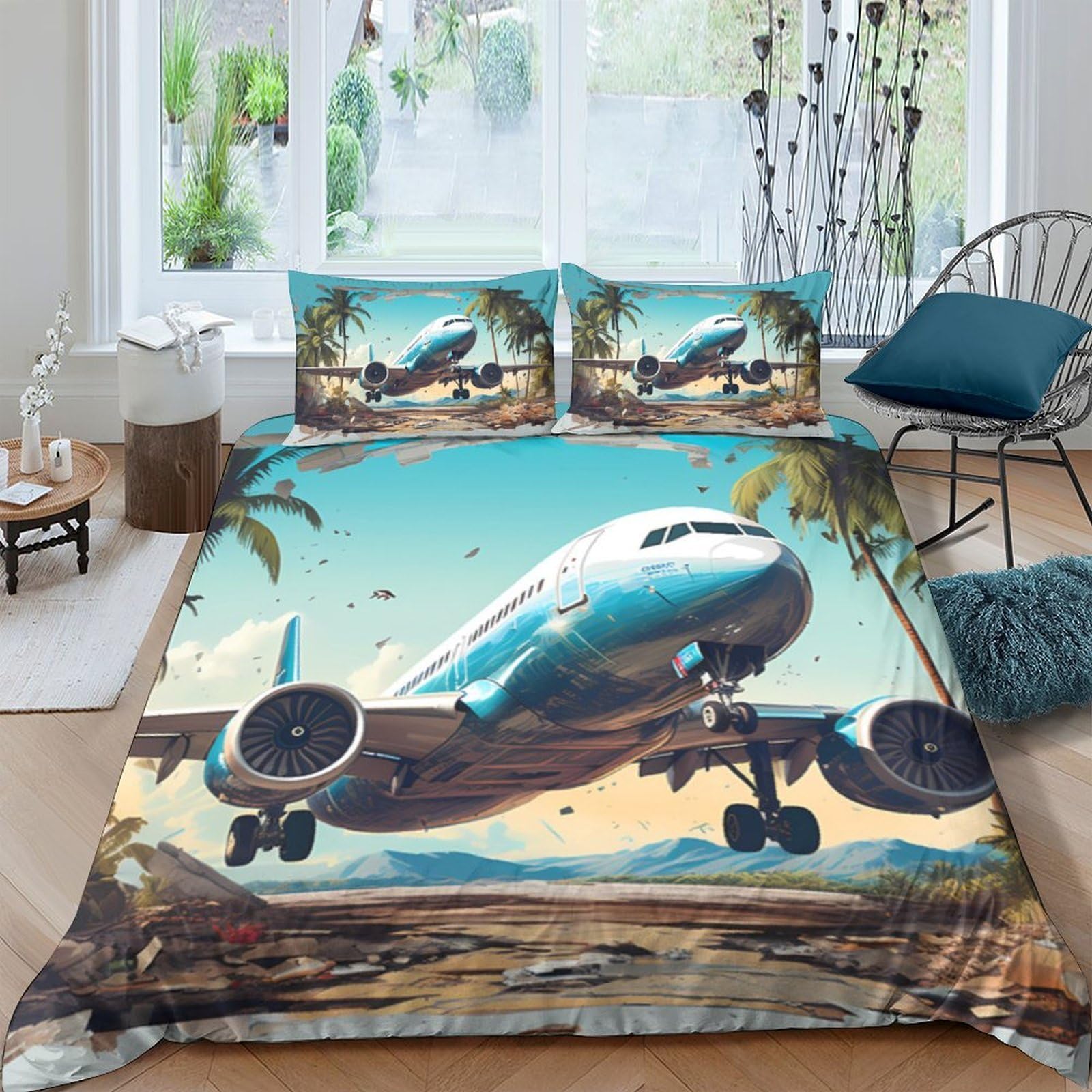 Ctjqhvkz Style-10 3D Printed Airplane Landing Fitted Sheet Microfiber Soft Sky View Bed Cover For Bedroom Guest Room Decor Single（135X200cm）