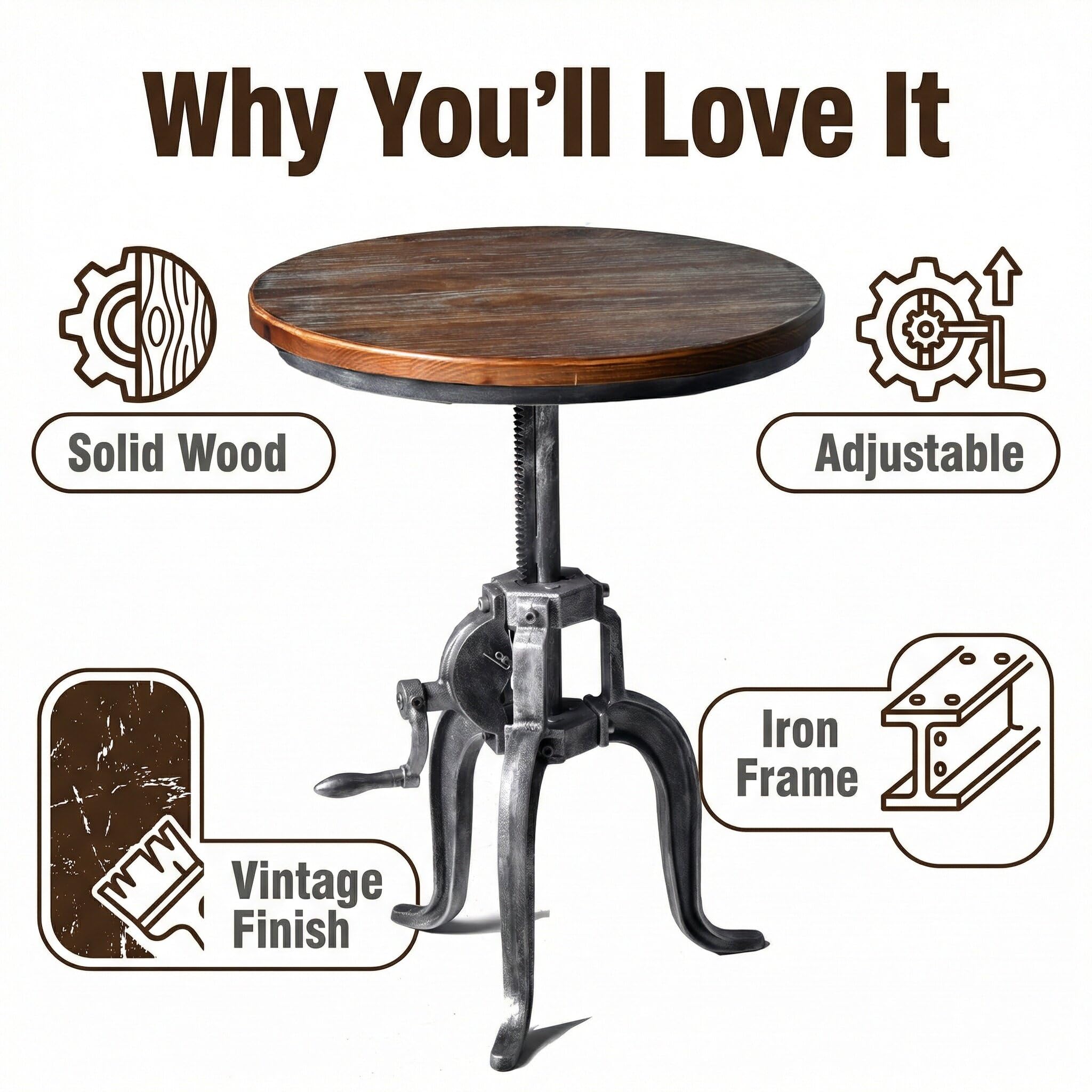 Topower Industrial Retro Side Table Antique Mechanic DIY Crank Height Ajustable Cast Iron Three-Legged Farmhouse Accent End Table Silver