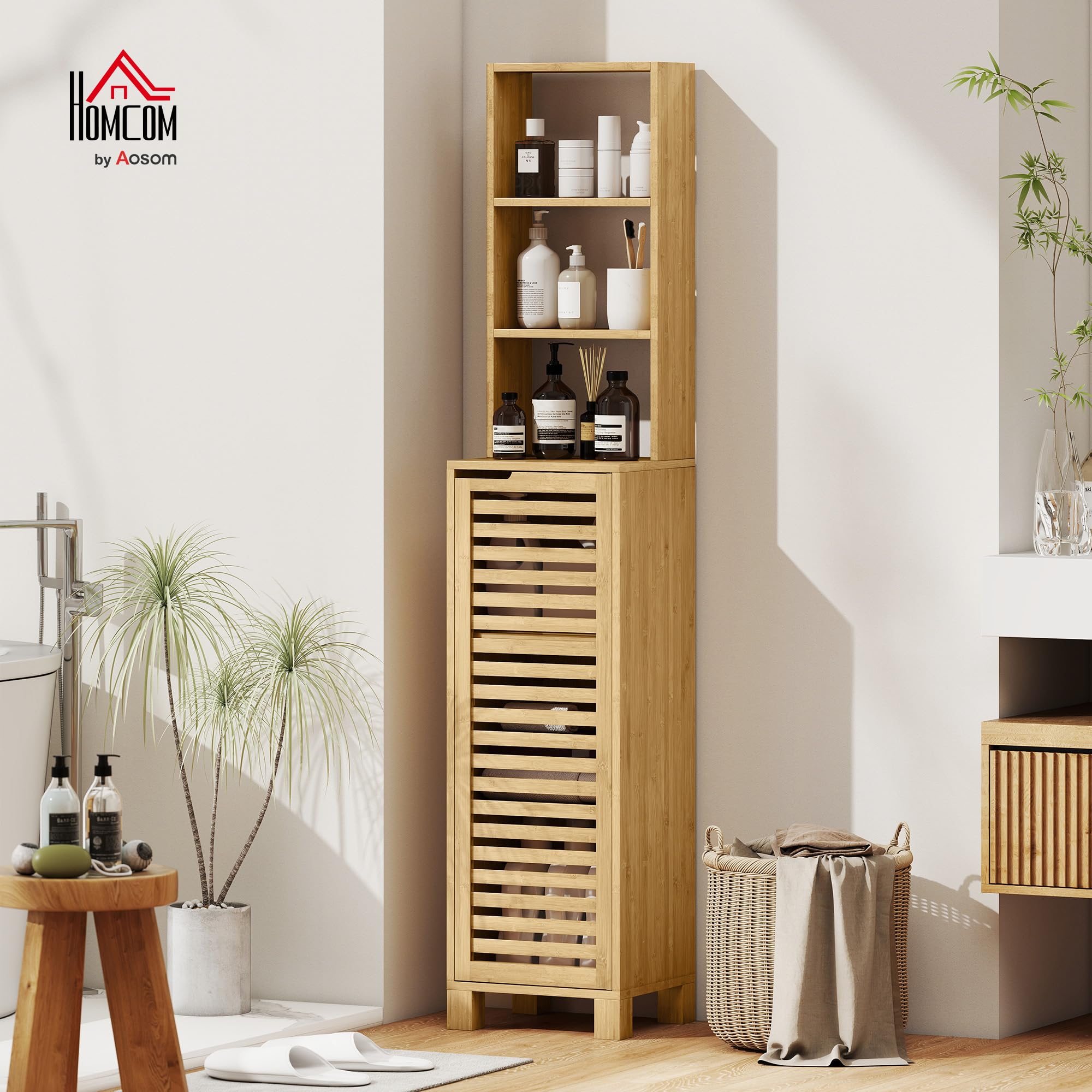 HOMCOM Armario de Baño de Bambú, Mueble Auxiliar, 34x30x170 cm Natural | Columna de Baño Estrecha, Estante Abierto, Puerta de Lamas, Estante Ajustable