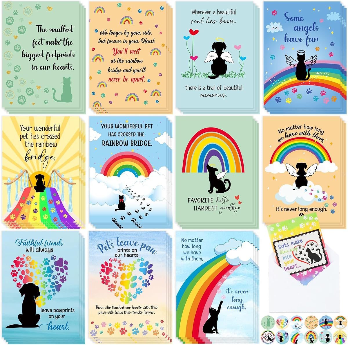 Motiskyy 48 Pack Pet Sympathy Cards for Dogs Cats Loss Sympathy Card Bulk with Envelopes and Stickers Loss of Pet Dog Cat Rainbow Bridge Condolences Gifts