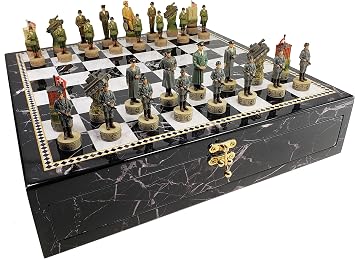 WW2 US Vs Germany Chess Set with 17 1/4 inch Black and White Faux Marble Storage Board World War 2