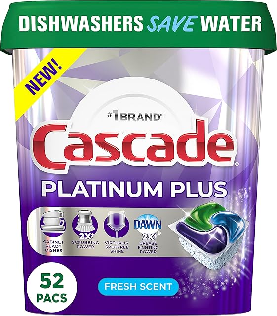 Cascade Platinum Plus Dishwasher Pod, Dishwasher Detergent, Dishwasher Pods, Dish Detergent ActionPacs Dish Pods, Fresh, 52 Count Dishwashing Pods