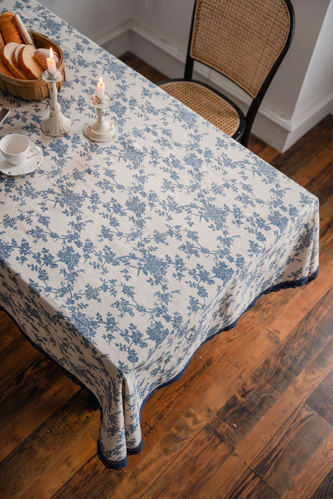Wracra Cotone Lino Tovaglia Agriturismo Blu Floreale Pastorale Tovaglia rettangolare 140×180cm per feste, picnic e uso quotidiano