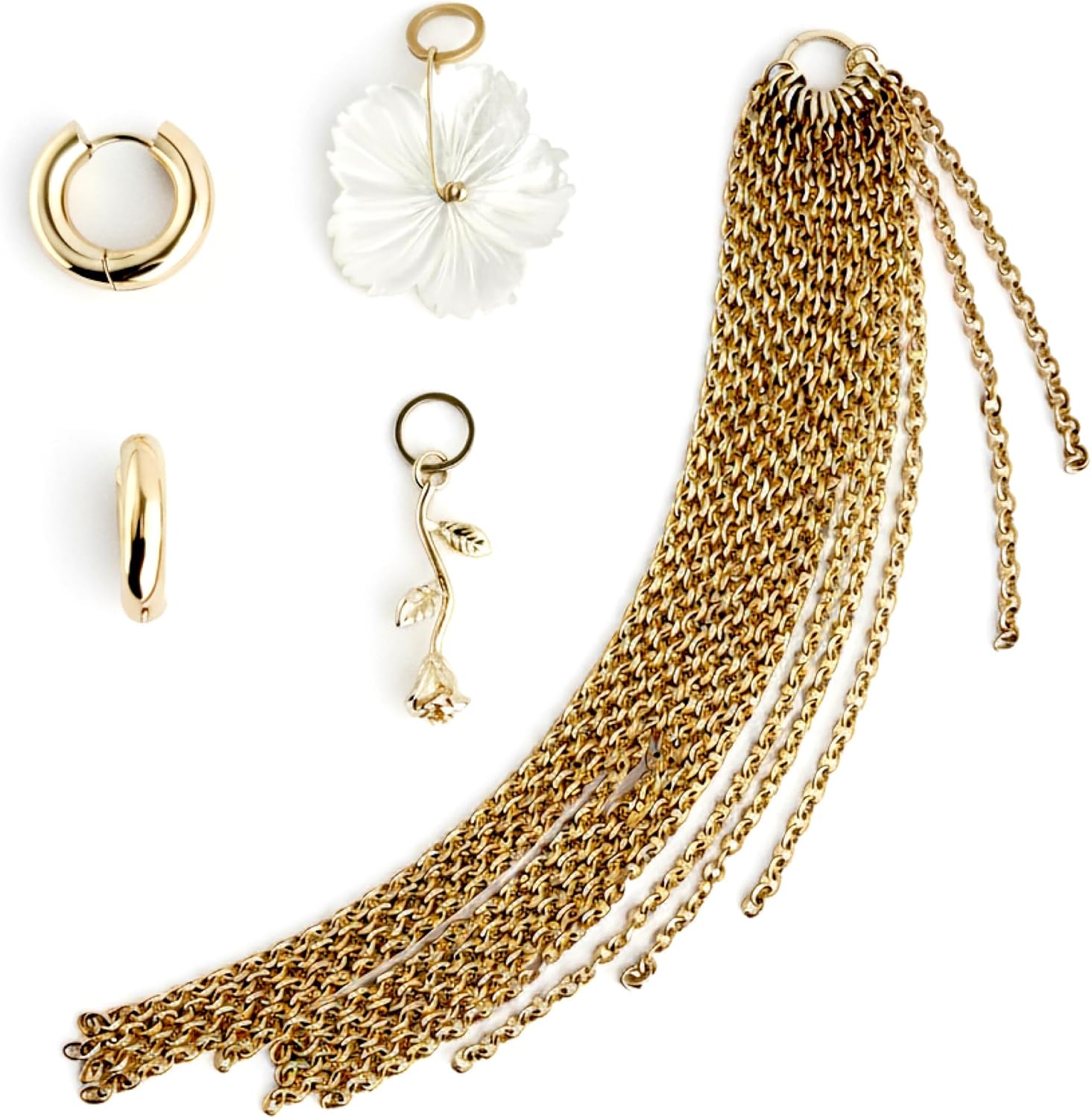 14K Gold Huggie Hoop Earrings for Women with 3 Charms - Pearl Flower, Golden Rose & Chain Dangles, Hypoallergenic Gift Set