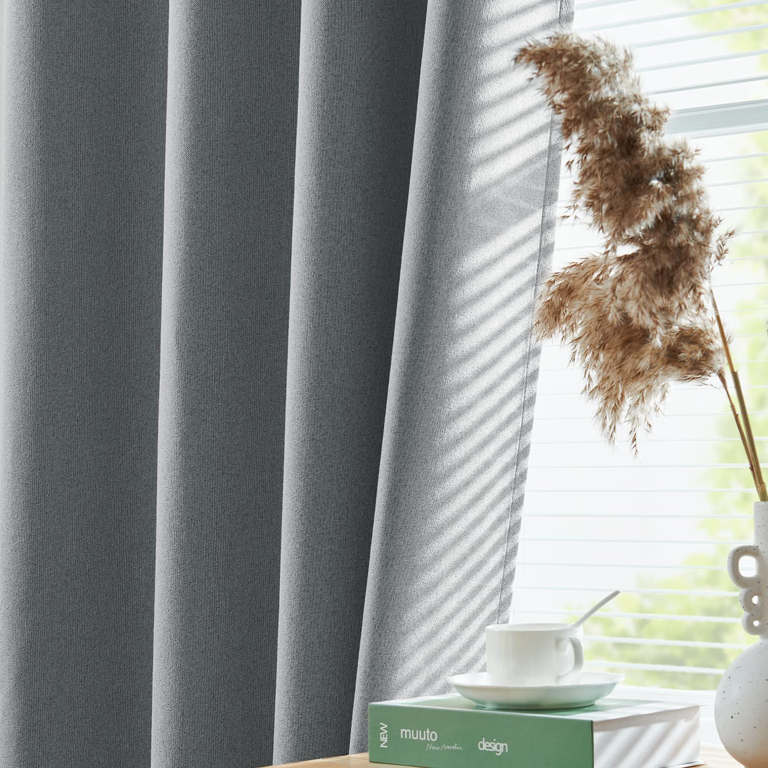 jinchan 100% Blackout Curtains 90 Inches Long Grey Curtains Bedroom Room Darkening Curtains Window Thermal Insulated Curtains for Living Room Nursery Grommet Top Drapes 2 Panels Gray