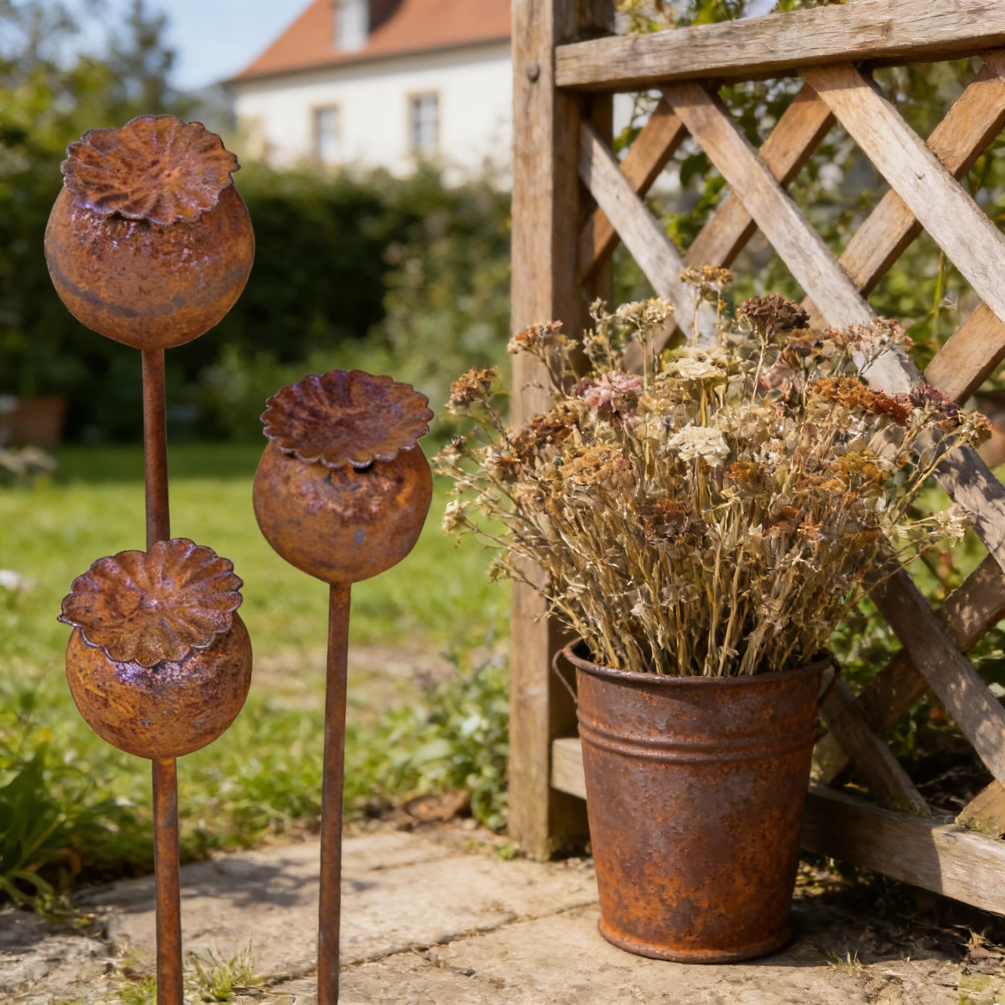 Gartenstecker Rost Deko Mohn Mohnkapsel Metall Rost Gartendeko Edelrost für Frühling, Garten, Wohnzimmer, Balkon (3er Set Mohnkapsel A)