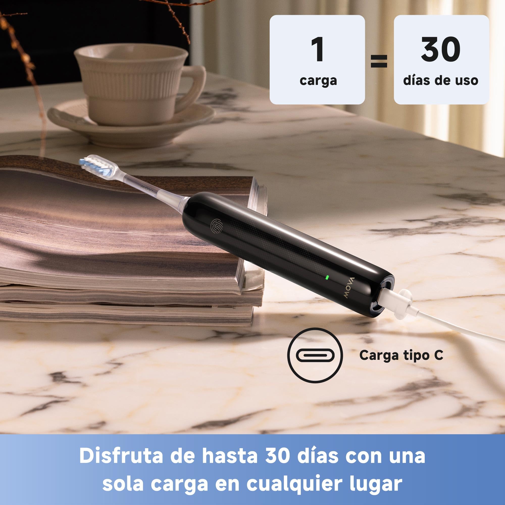 Mova Fresh SweepDrive Cepillo de Dientes Eléctrico, Cepillo Eléctrico Recargable Para Adultos, Carga Tipo C, Cabezal de Cepillado 3-en-1 con Soporte, 30 Días de Duración de La Batería, Negro