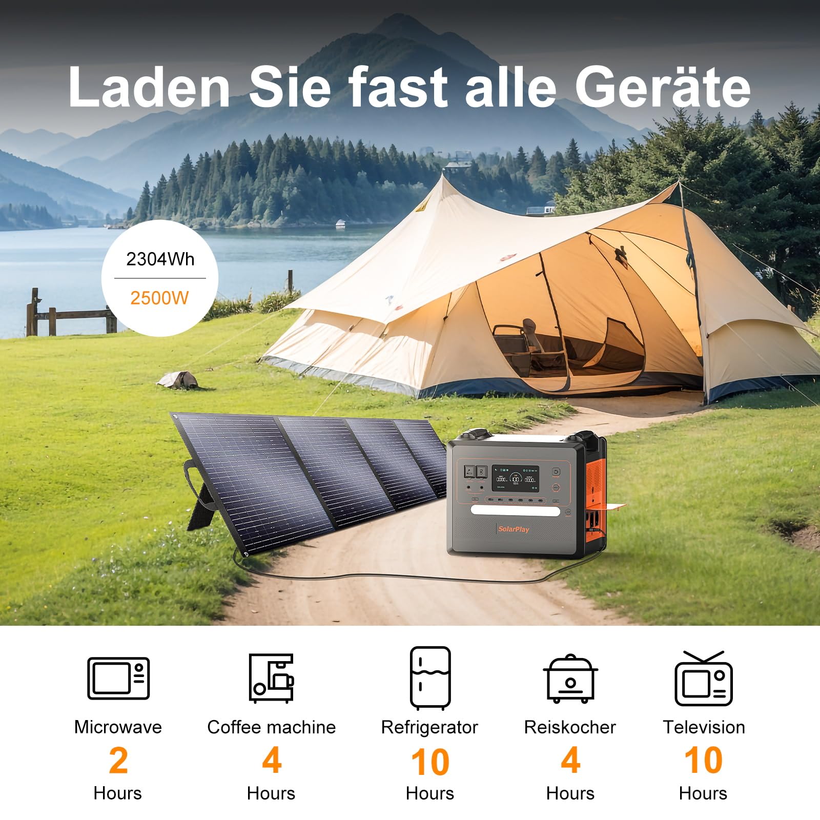 SOLARPLAY Station Electrique Portable 2500w, 2300wh Générateur Solaire avec LiFePO4 Batterie, 12 Ports Sortie, Power Station pour Camping-Cars, Voyages, Domestique,Emergency (2500W+200Wparts)