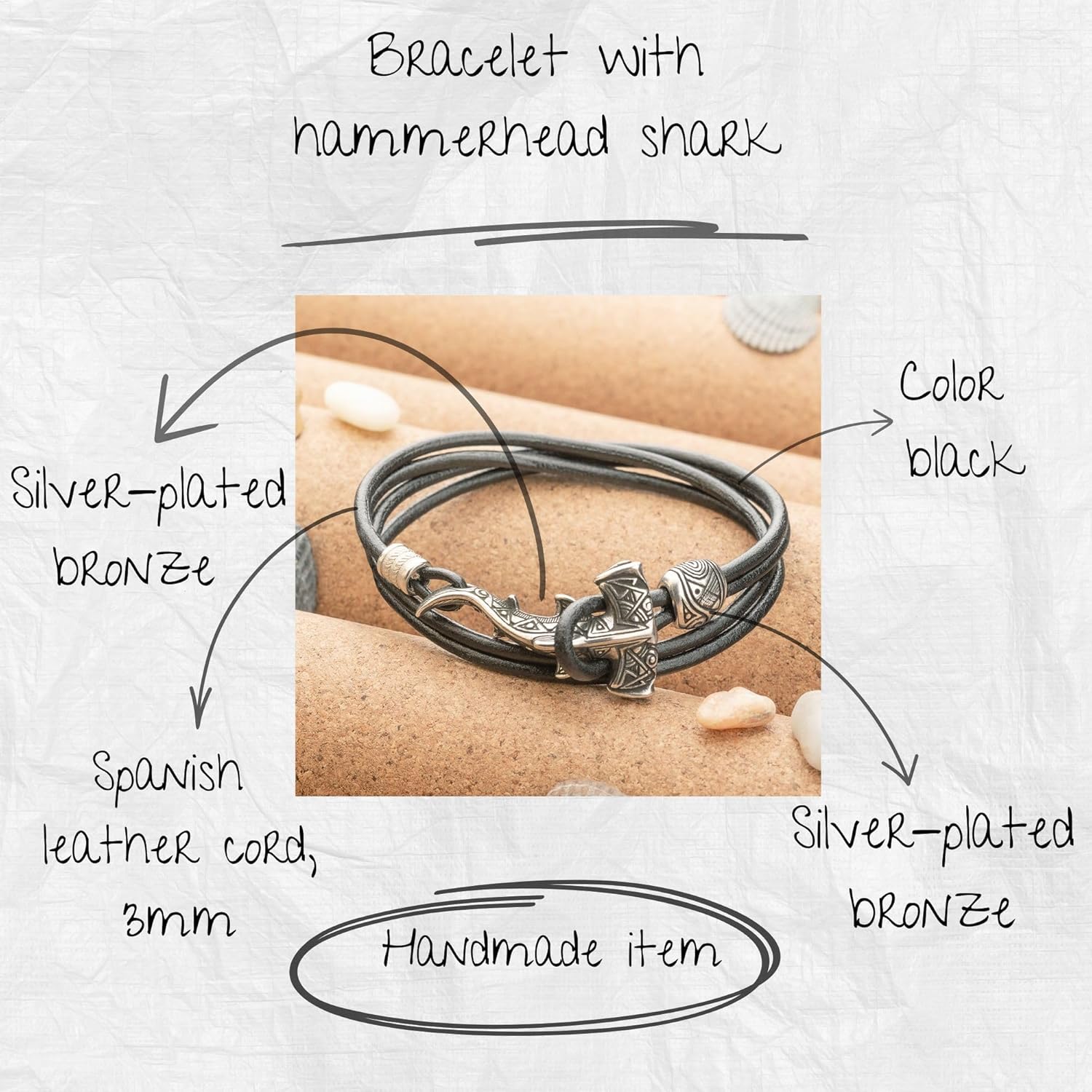 Maori Leather Bracelet with Hammerhead Shark Gift for Men Women Ocean Armband for Him and Her Nautical Beach Surfer Tribal Jewelry