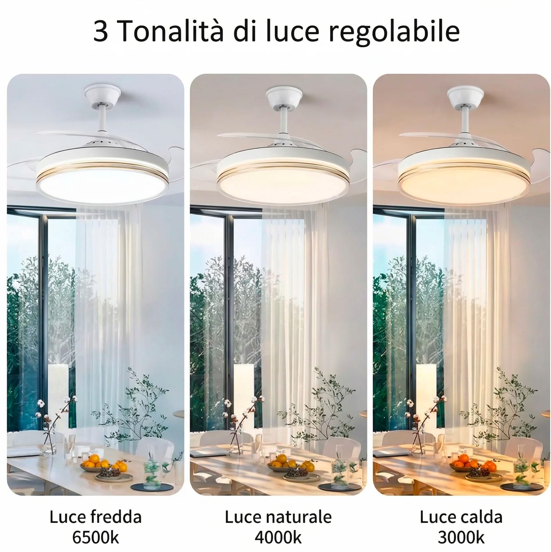 081 Store - Ventilatore da Soffitto con Luce LED e Telecomando, Pale Retrattili Trasparenti, 6 Velocità, 3 Tonalità di Luce, Timer 1/2/4/8H, Motore DC Reversibile Silenzioso, 48 Pollici 120 cm