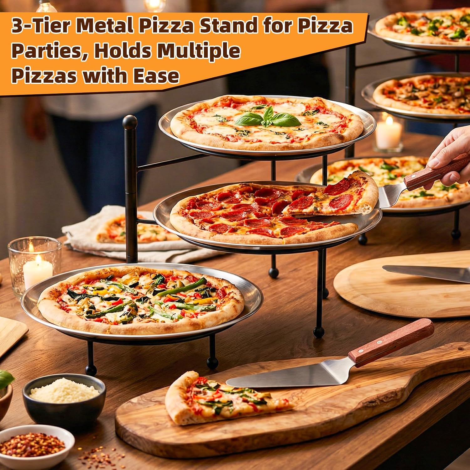 3-Tier Pizza Stand for Party, Black Metal Pizza Rack with Tiered Tray Stand & 3 Pizzas Pan & 3 Wood Handle Serving Spatulas, Space-Saving Display Pizza Rack for Buffet, Catering, Party (10.2” H)