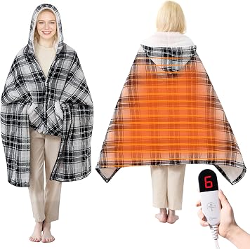 Electric Blanket Wearable Heated Shawl with Hood & Pockets 6 Heat Levels, 4H Auto-Off, Reversible Flannel & Sherpa, Cozy Plaid Heated Throw for Home, Couch, or Women Mom Wife Gift, 40"x70"