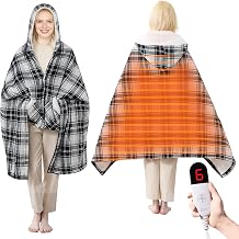 Electric Blanket Wearable Heated Shawl with Hood &amp; Pockets &ndash; 6 Heat Levels, 4H Auto-Off, Reversible Flannel &amp; Sherpa, Cozy Plaid Heated Throw for Home, Couch, or Women Mom Wife Gift, 40"x70"