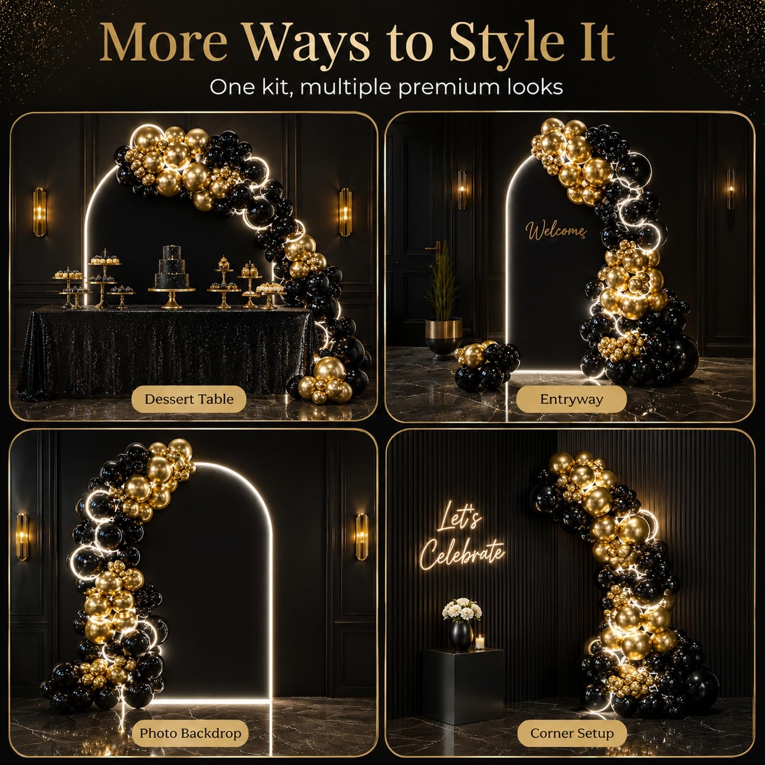 144 palloncini grandi neri e oro con striscia luminosa 45,7 cm, 25,4 cm, in lattice, per compleanno, pensionamento, matrimonio, Capodanno, laurea, baby shower, feste di sfondo, decorazioni