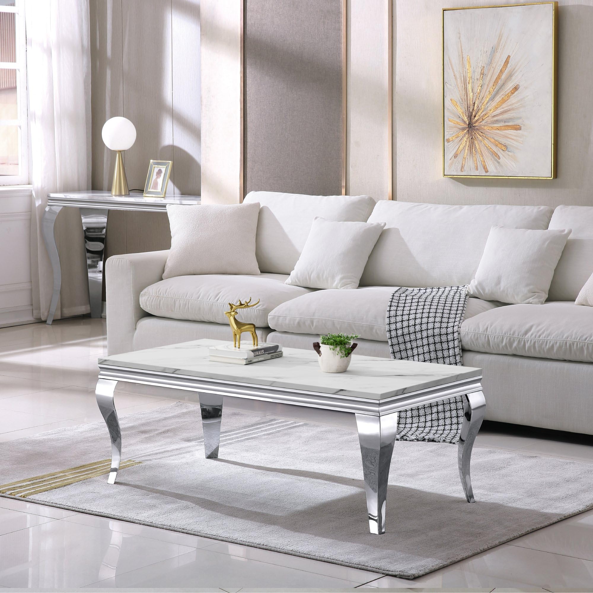 Luxury Marble Coffee Table, Premium White Faux Marble Top, Silver Stainless Steel S Legs, 47" Rectangular Living Room Center Table, Modern Coffee Tables for Living Room, Apartment, Home Decor