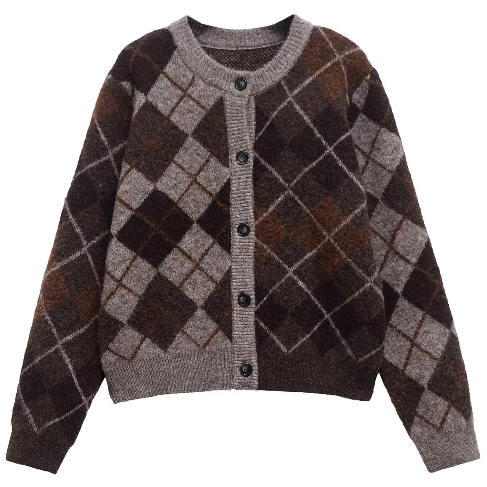 KEOMUD Women Vintage Argyle Cardigan Sweater Long Sleeve Soft Knit Sweaters Casual Button Down Warm Outwear