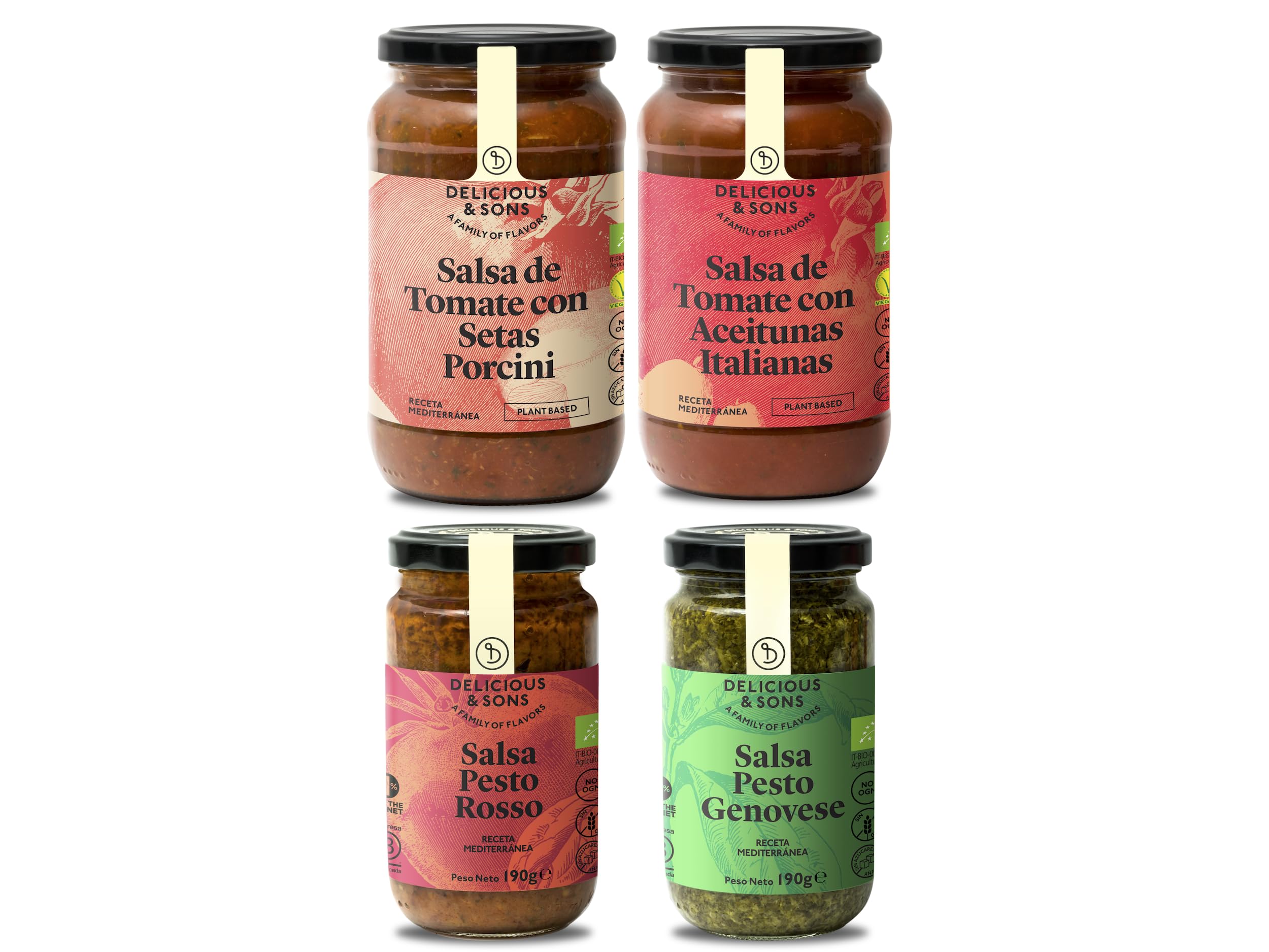 Delicious & Sons Pack de Salsas Italianas - Ecológicas - Sin Transgénicos - Sin Gluten (Pack de 4)