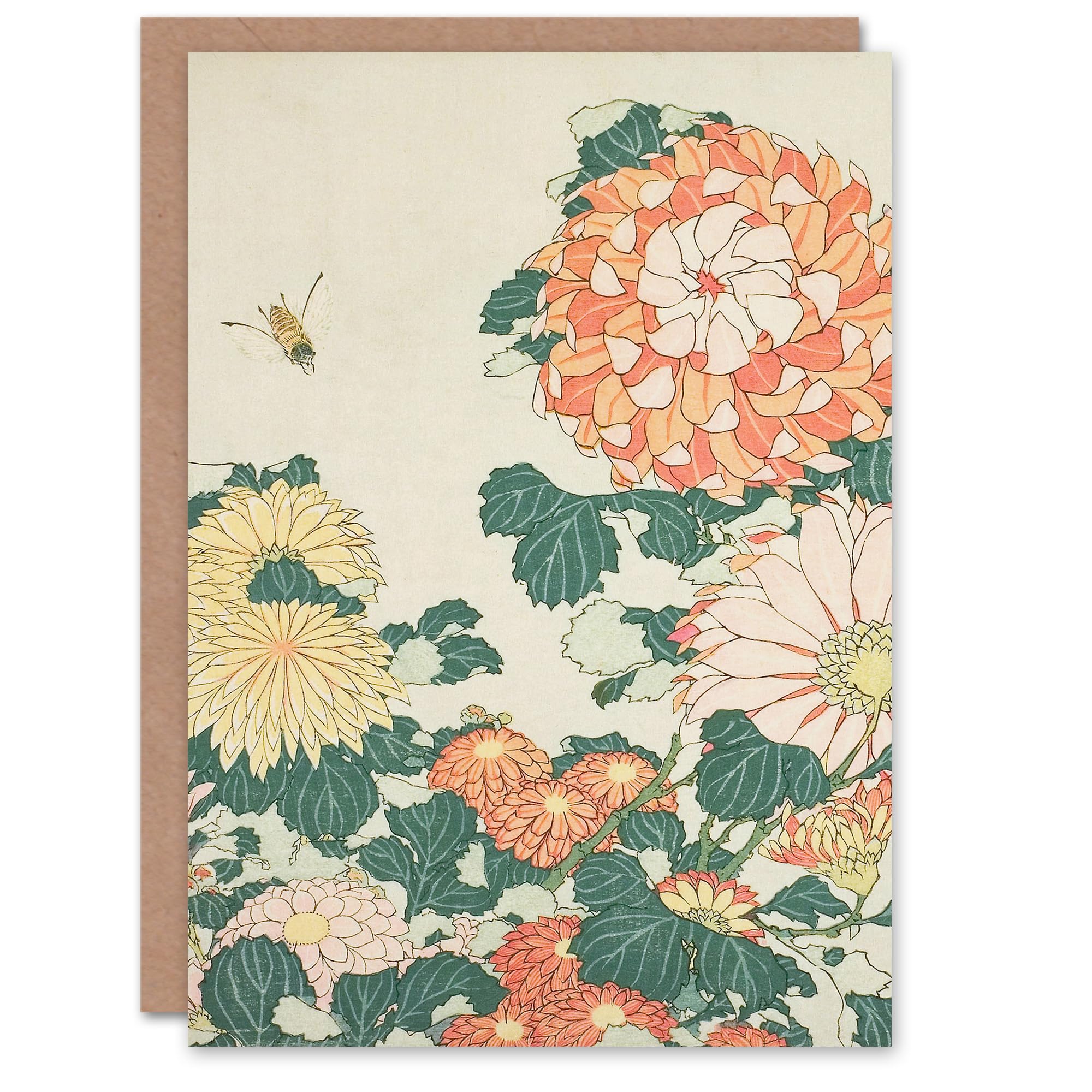 Artery8 Greeting Card - Chrysanthemums & Bees - Orange