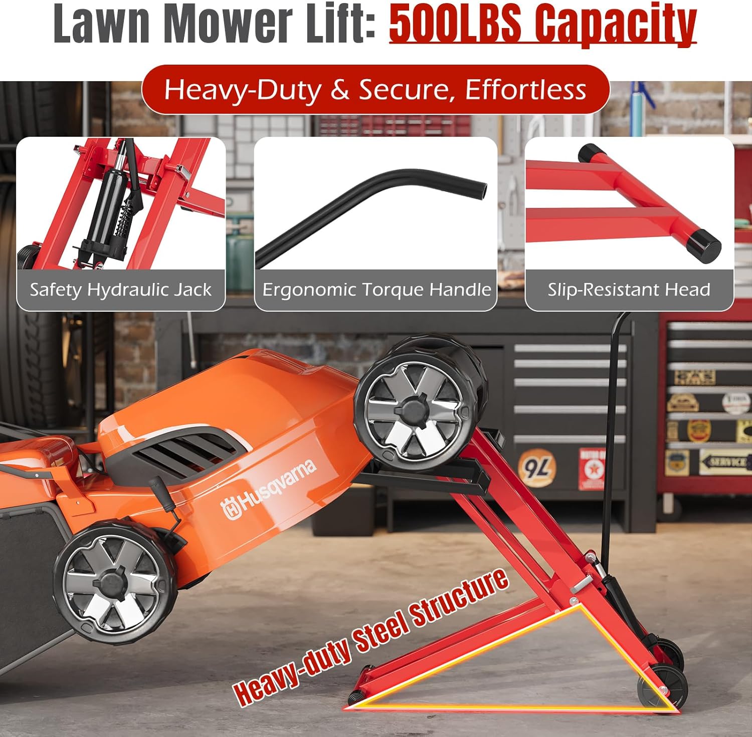 EROMMY 500LB Hydraulic Mower Lift for 40-47.6" Axle, 24" Lawn Tractor Jack with 3-Height Adjustment, Zero Turn Mower Lift for Maintenance & Repair, Red