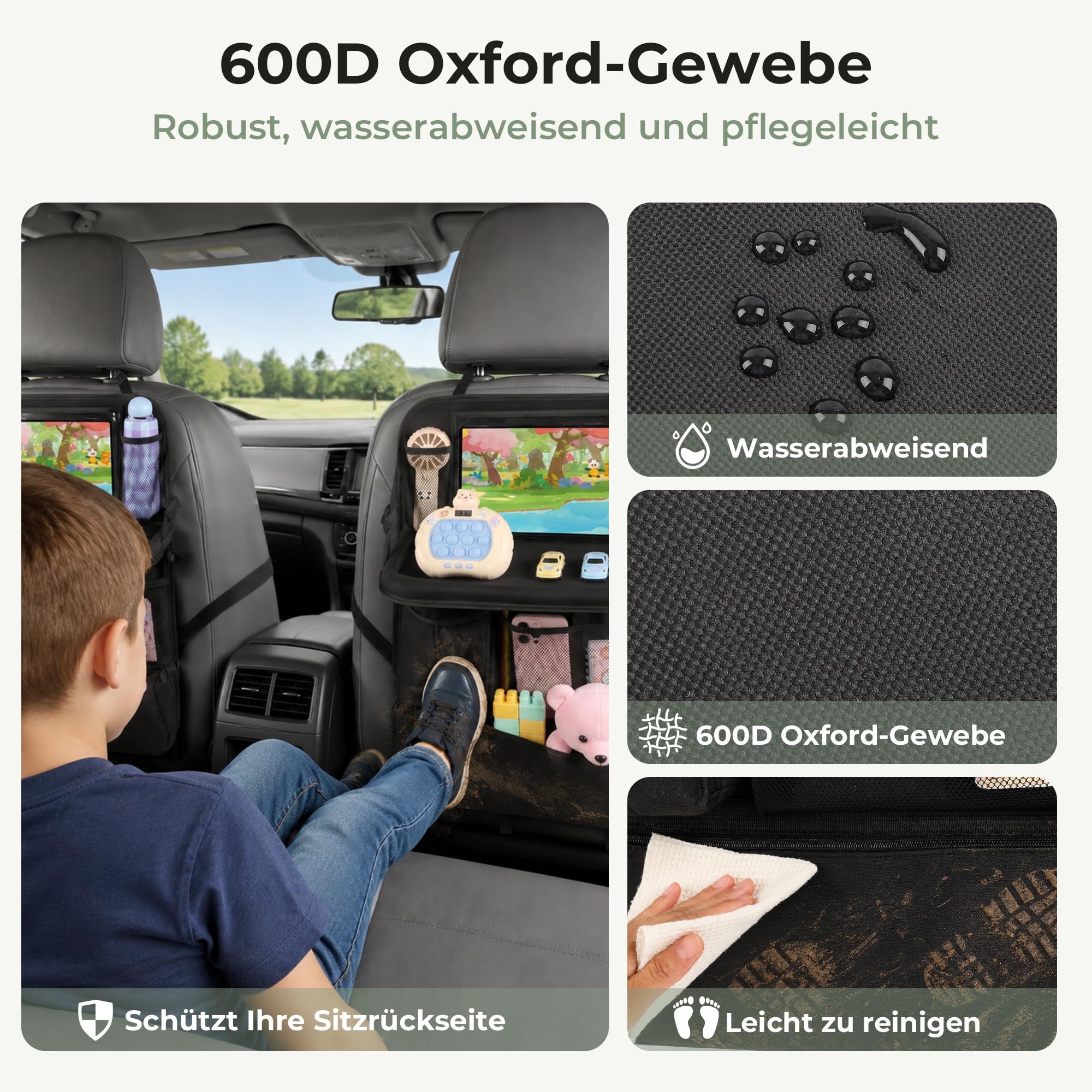 Auto Organizer Rücksitz, 2 Stück, 7 Fächer, Tücherbox, Klapptisch | Unteres Reißverschlussfach, Kleinteile sicher verstaut, sauberer Fußraum