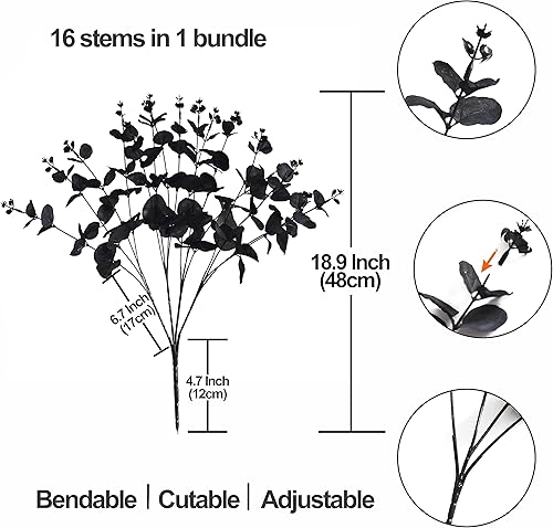 Miniatura 2 de 3 paquetes de tallos artificiales de eucalipto negro, 48 ramas de hojas de eucalipto, ramo de ramas para arreglos florales, flores de seda negra