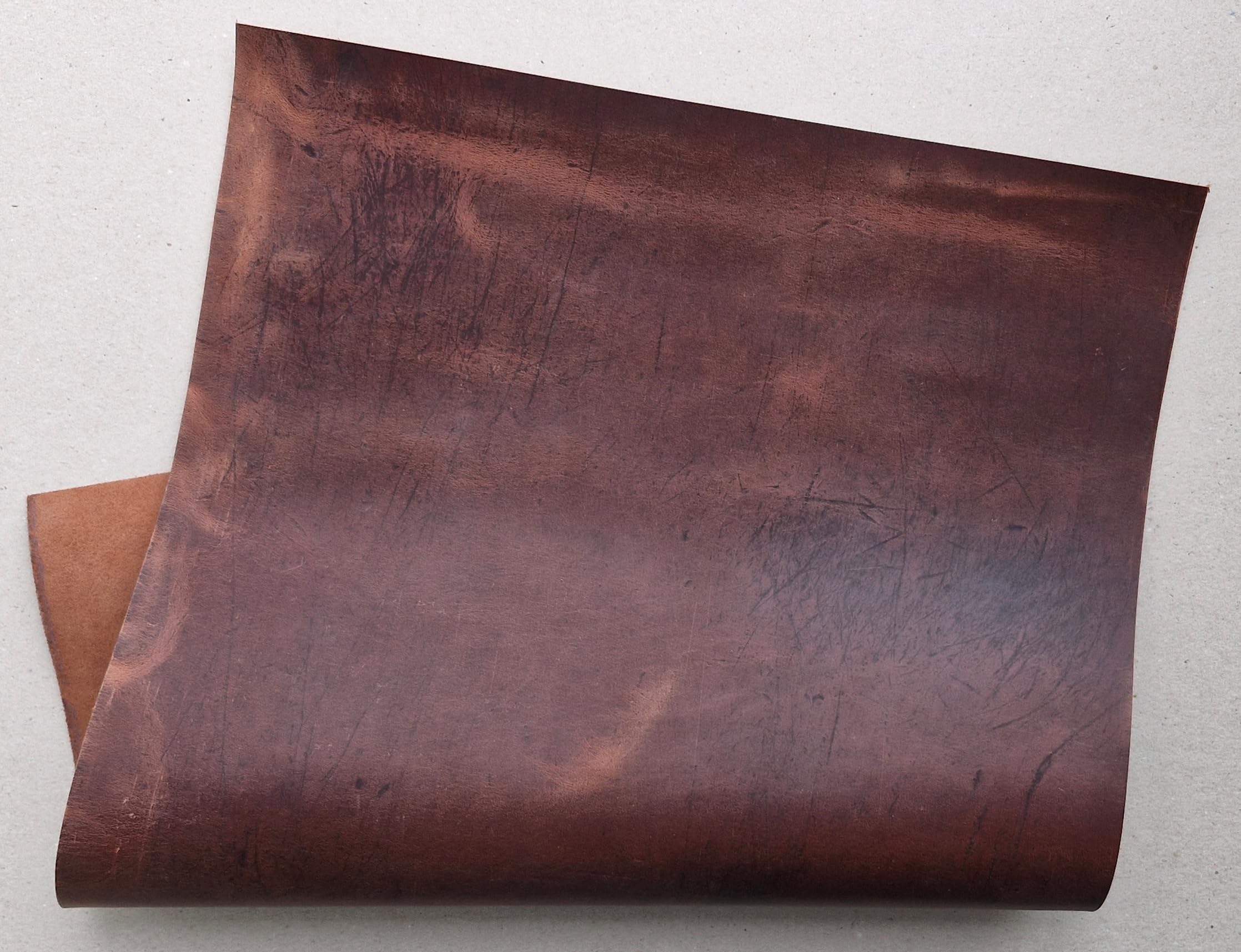 Cuir de vachette - 1,7 mm d'épaisseur - Pull-Up Crazy Horse - Feuilles en cuir véritable pour travaux manuels (3, cognac marron, A4 (210 x 297 mm)