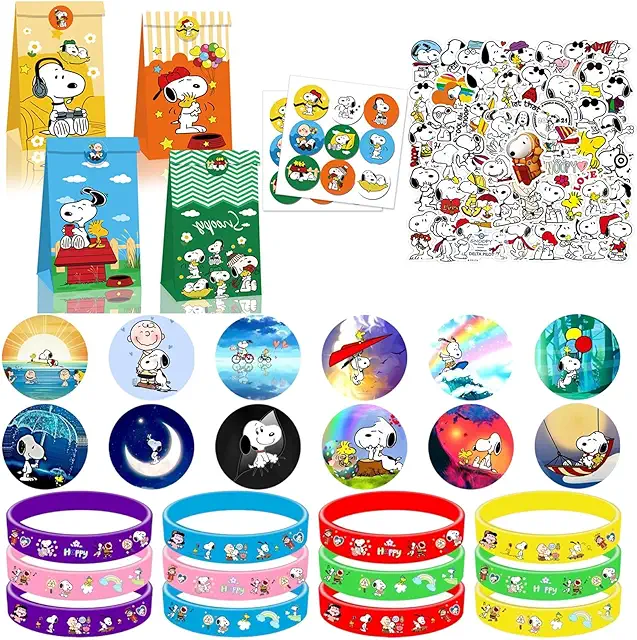 86 piezas Snoopy cumpleaños niños – pulseras, insignias, bolsas regalo, pegatinas Snoopy