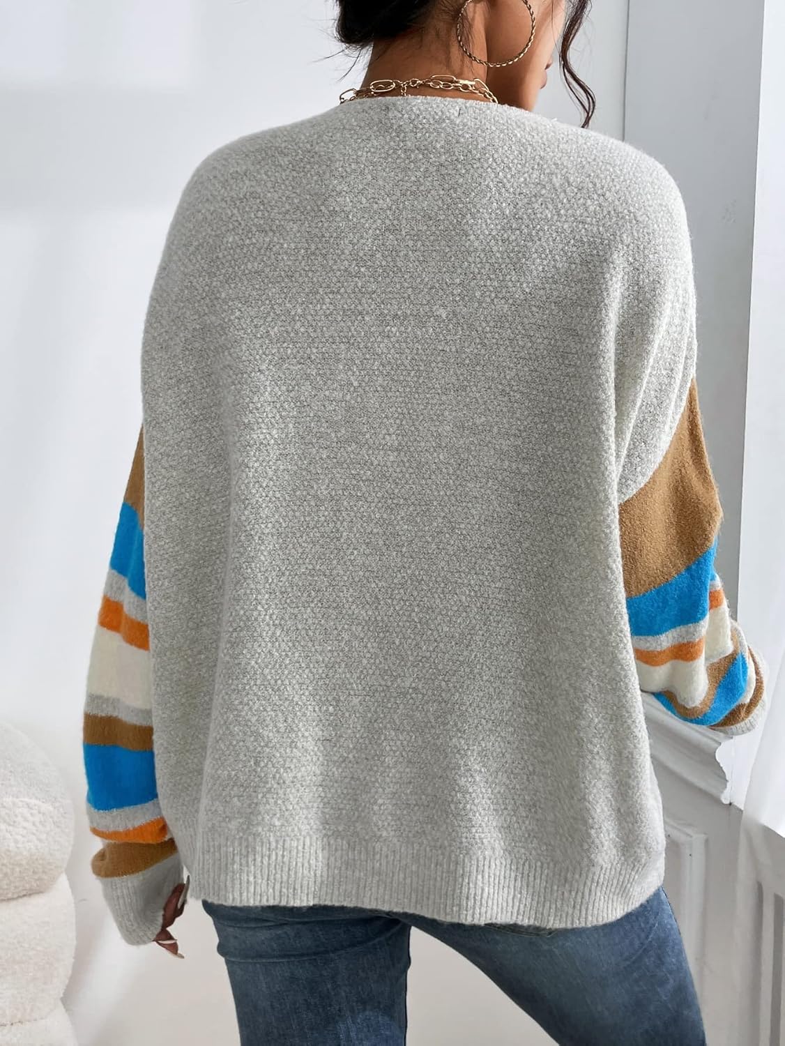 Women's Sweater Color Block Stripe Pattern Drop Shoulder Sweater Sweater for Women (Color : Light Grey, Size : Medium)