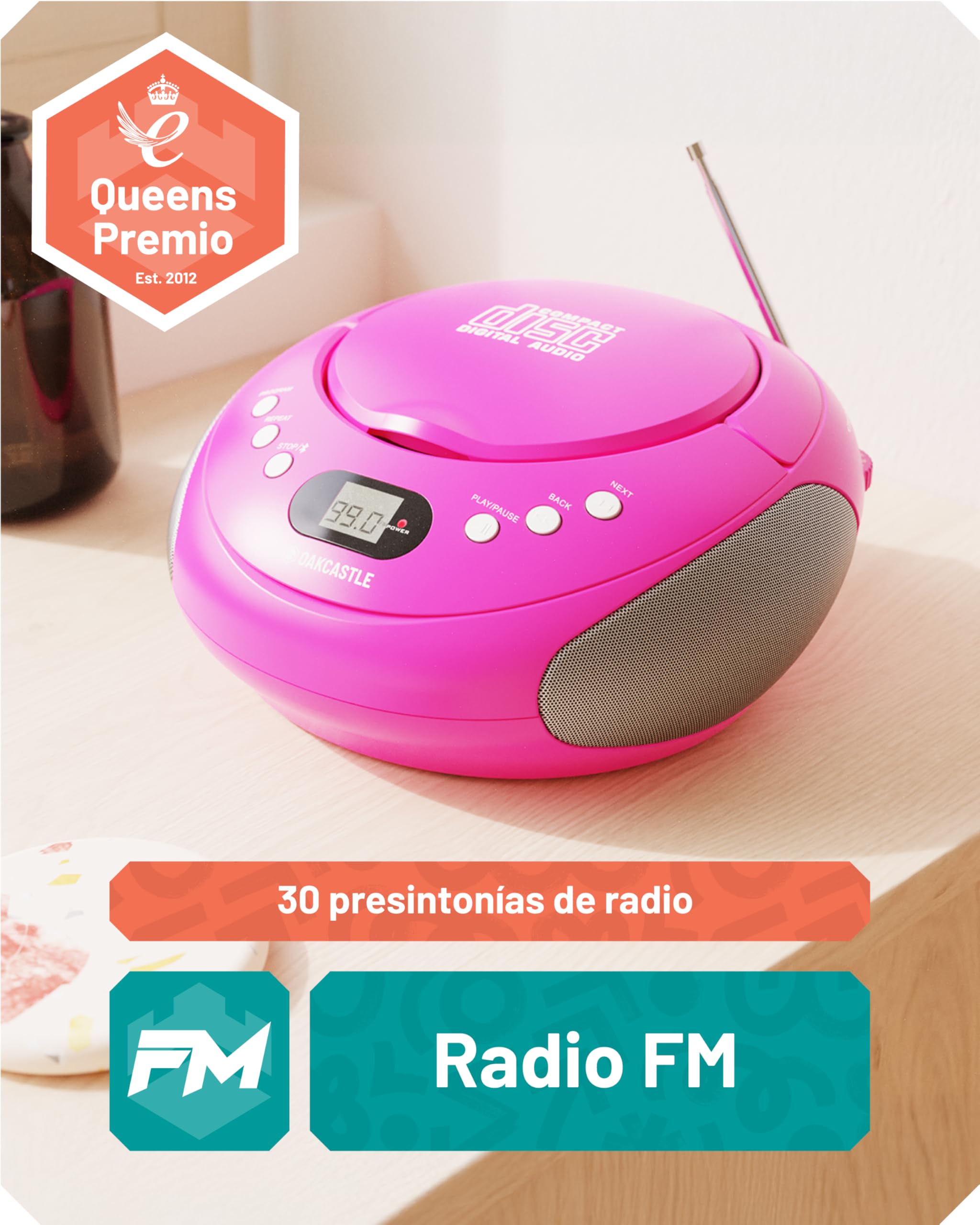 OAKCASTLE CD250 Boombox portátil con Bluetooth, Controles Sencillos, Reproductor de CD para niños, Reproductor de CD portátil con Radio FM, 30 ajustes de Radio, indicador LED (Rosa)