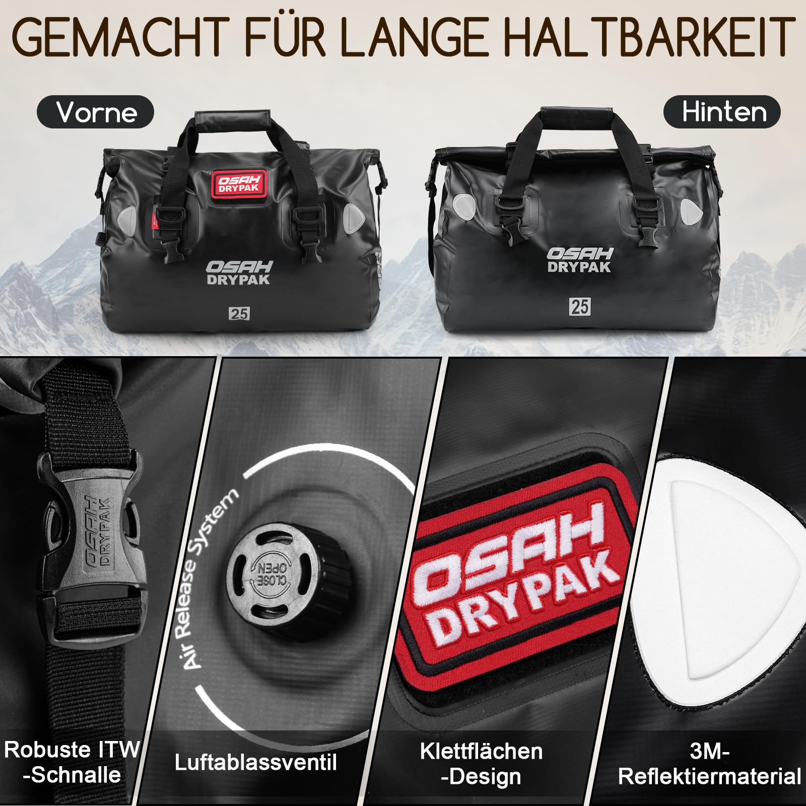 OSAH DRYPAK wasserdichte Rucksack Dry Bag – Wasserfeste Reisetasche Seesack, Rolltop, Großem Stauraum, Vielseitige wasserdichte Tasche für Camping, Motorrad, Bootfahren, Kajak, SUP, Strand und Angeln