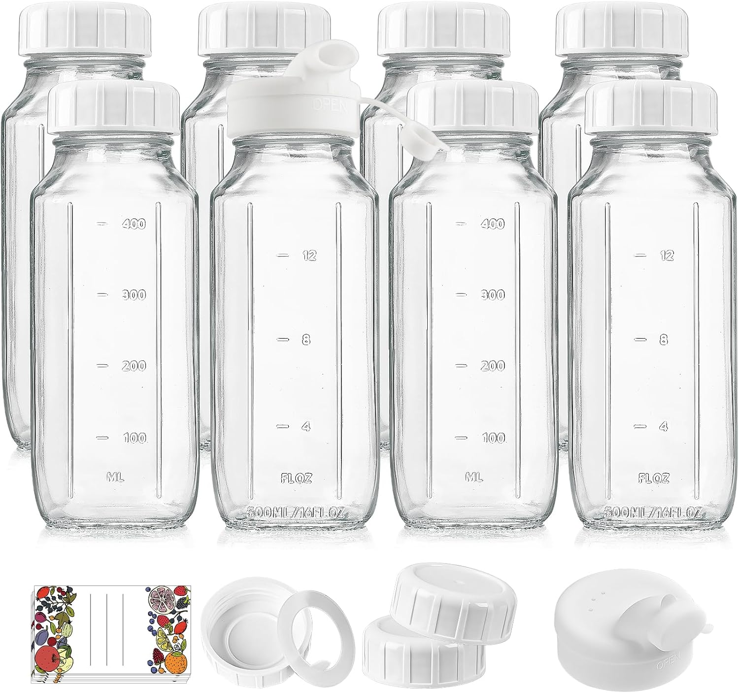 8 Pack 16 Oz Reusable Glass Milk Bottles w 100% Airtight Heavy Duty SCREW Lid & 2 Pour Spouts - Glass Juice Bottles w Capacity Mark - Beverage Drinking Jar Juice Container Breast Milk(Extra 2 Lids)