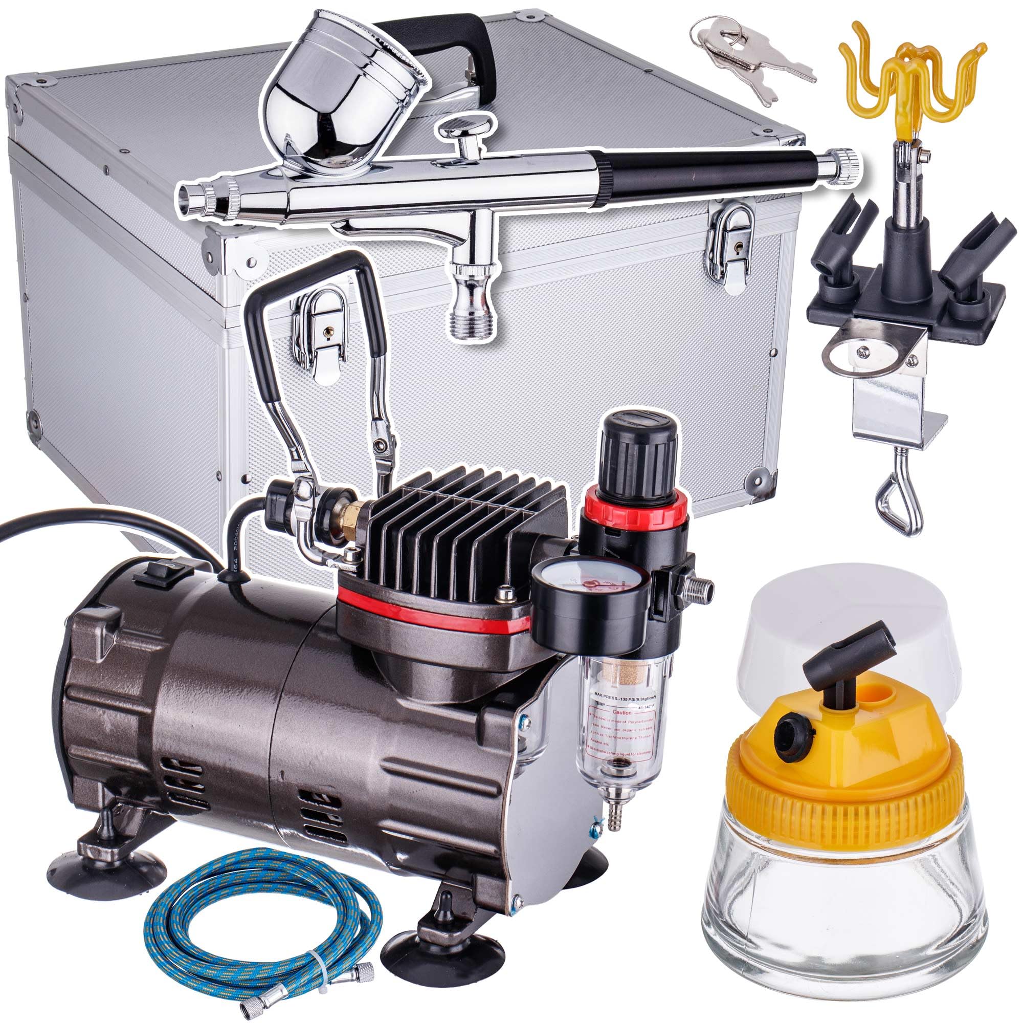 TC TECHNIC Modellbau-Kompressor AK-100 Set – Airbrush 0,3 mm, Kompressor TC-802, Reinigungstank, Schlauch & Zubehör – 230V