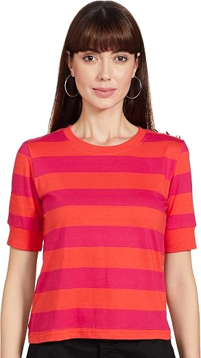 Max Women's Cotton Regular Fit Striped Round Neck T-Shirt