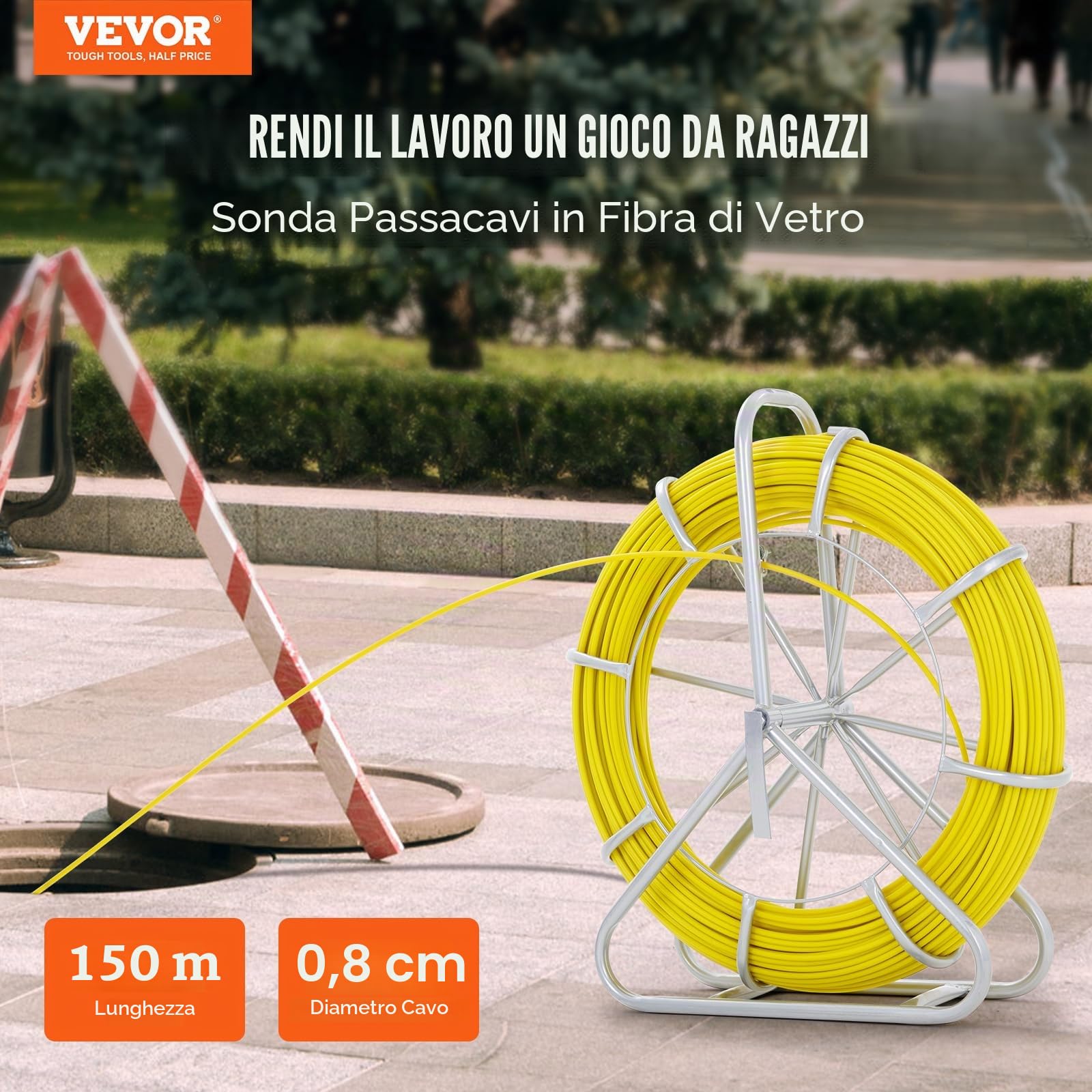 VEVOR Sonda Passacavi in Fibra di Vetro 7,9mm x 150m con Supporto in Metallo Estrattore a Nastro per Cavo Elettrico con 2 Teste di Trazione Strumento di Installazione del Cavo Elettrico in Fiberglass