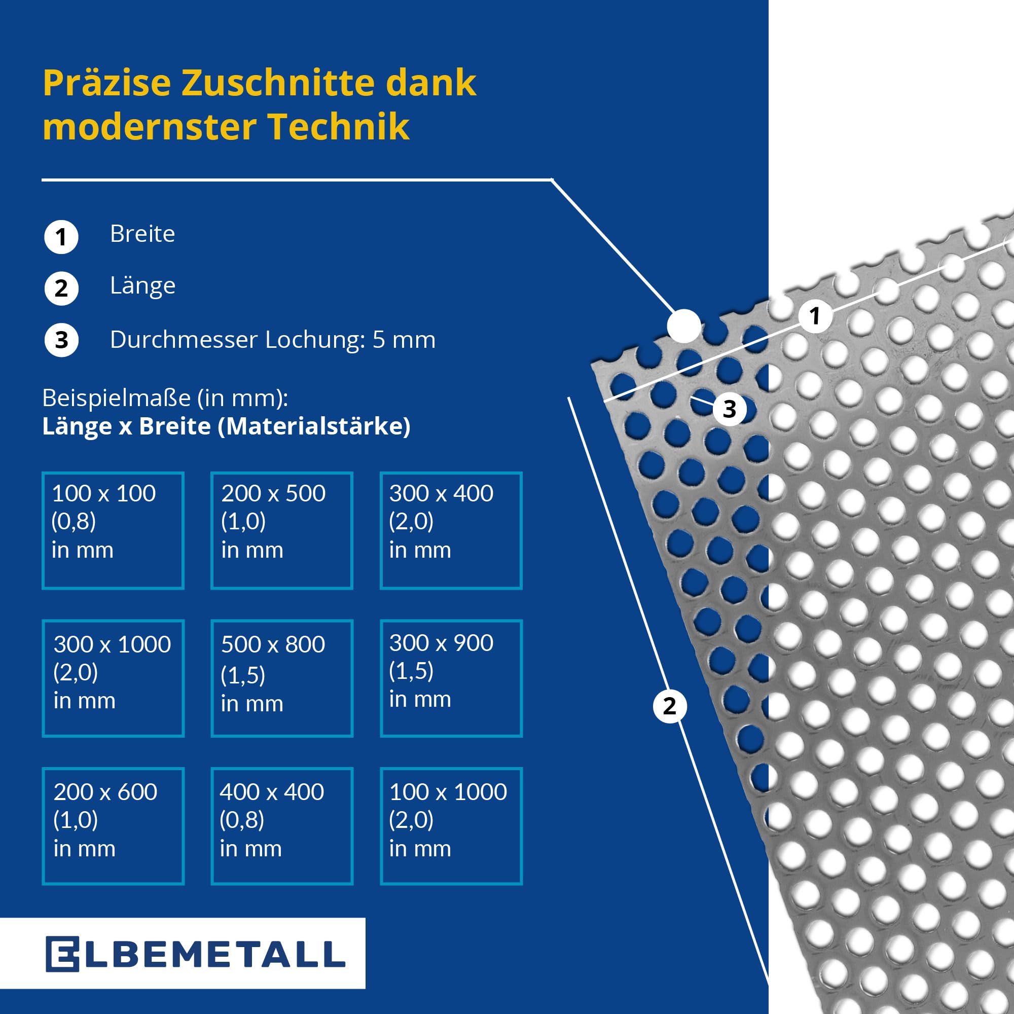 Lochblech Aluminium 300 x 500 mm mit 2,0 mm Stärke/Metall Lochblech 5 mm Rundloch, 8 mm Lochabstand/Lochbleche aus Al 99,5 Werkstoff/hochwertiges Lochblech aus Metall