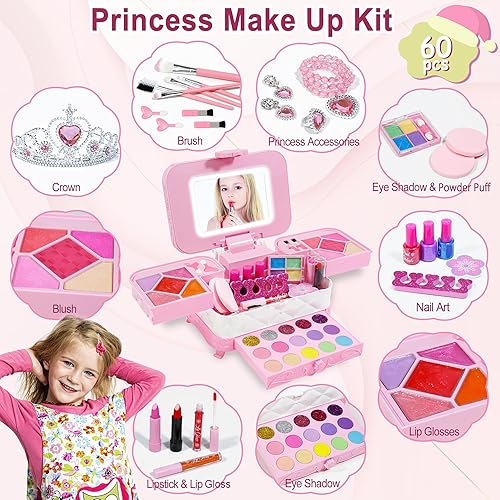Miniatura 3 de Kit de maquillaje 60 en 1 para niños, con espejo de maquillaje LED de 3 colores, juegos de maquillaje para niñas de 5 a 8 años, regalo perfecto de